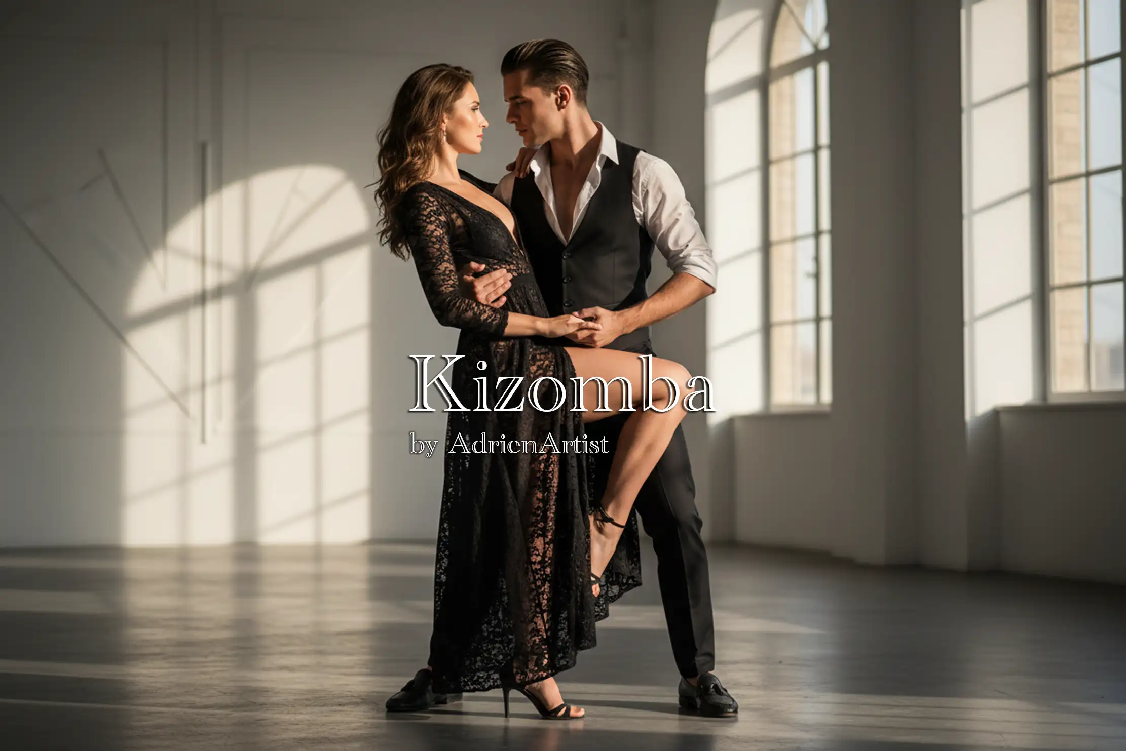 Couple exécutant un pas de base Kizomba – méthode simple et accessible via les vidéos YouTube d’Adrien Artist